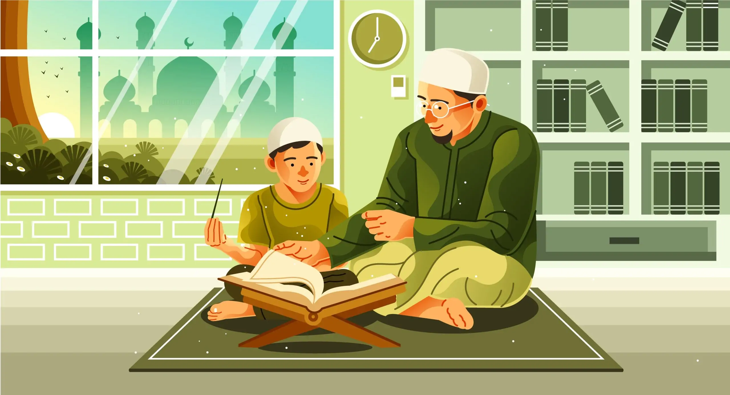 Muslim father teaching quran to his son